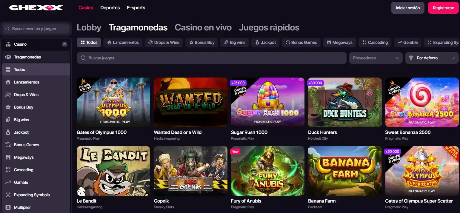 Categoría oficial de tragamonedas de CHEXX con buscador y selector de proveedores