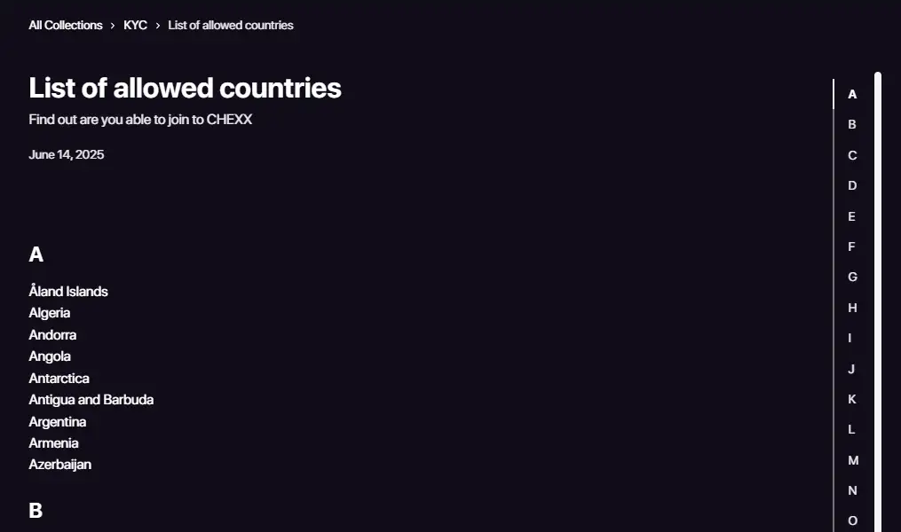Página oficial de países permitidos de CHEXX mostrando México o pantalla real de registro sin datos personales