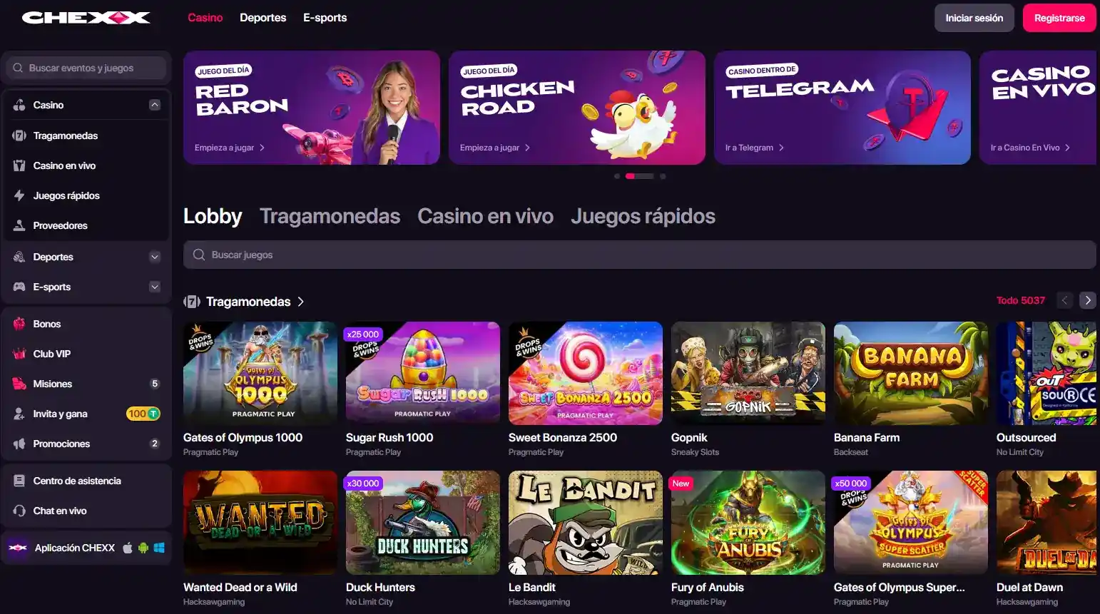 Lobby oficial de juegos de CHEXX con categorías y filtros visibles