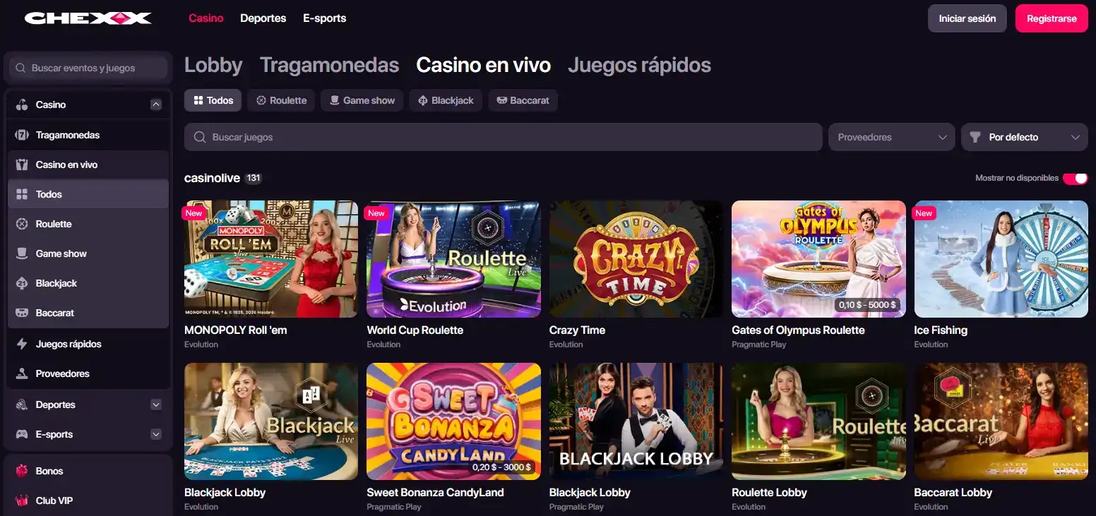 Lobby oficial de casino en vivo de CHEXX con búsqueda y filtro de proveedores