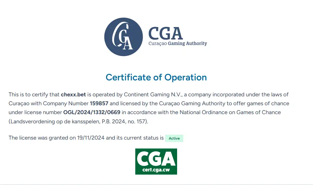 Certificado oficial de operación de Curaçao Gaming Authority para chexx.bet