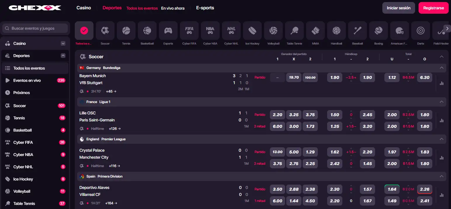 Interfaz oficial de apuestas deportivas de CHEXX en español