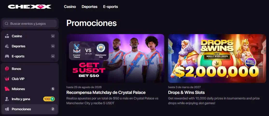 Página de promociones de CHEXX con una oferta activa visible